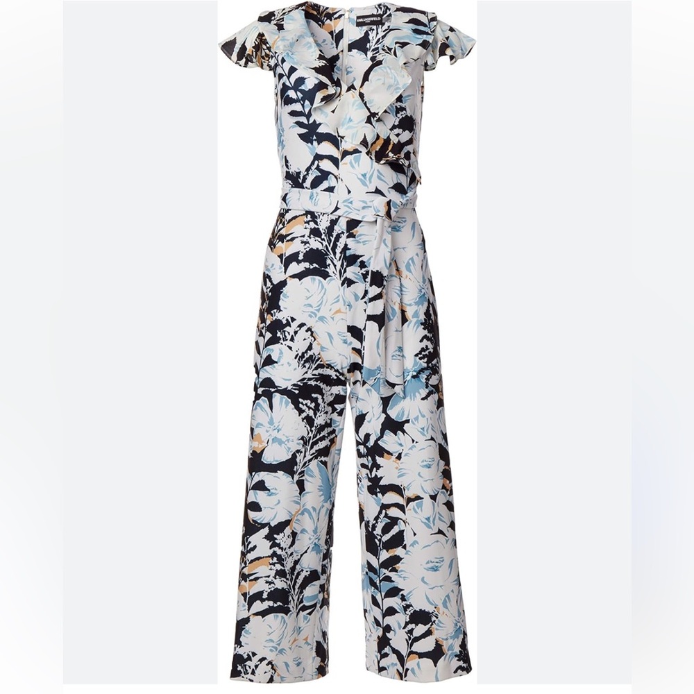 Karl Lagerfeld Navy Floral Wrap Jumpsuit with Light Blue & White